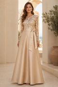 Long Sleeve Floral Lace A-Line Evening Gown