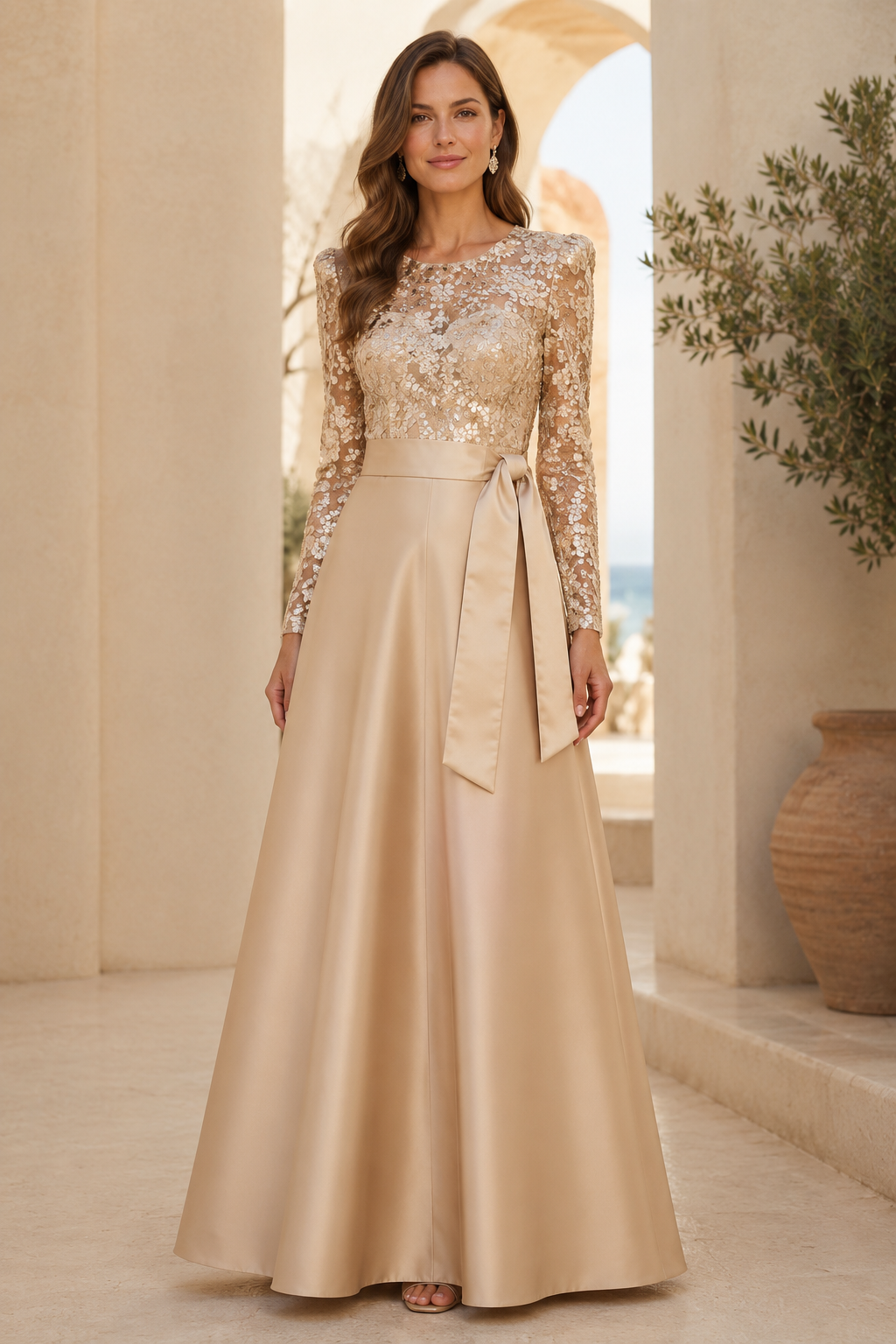 Long Sleeve Floral Lace A-Line Evening Gown