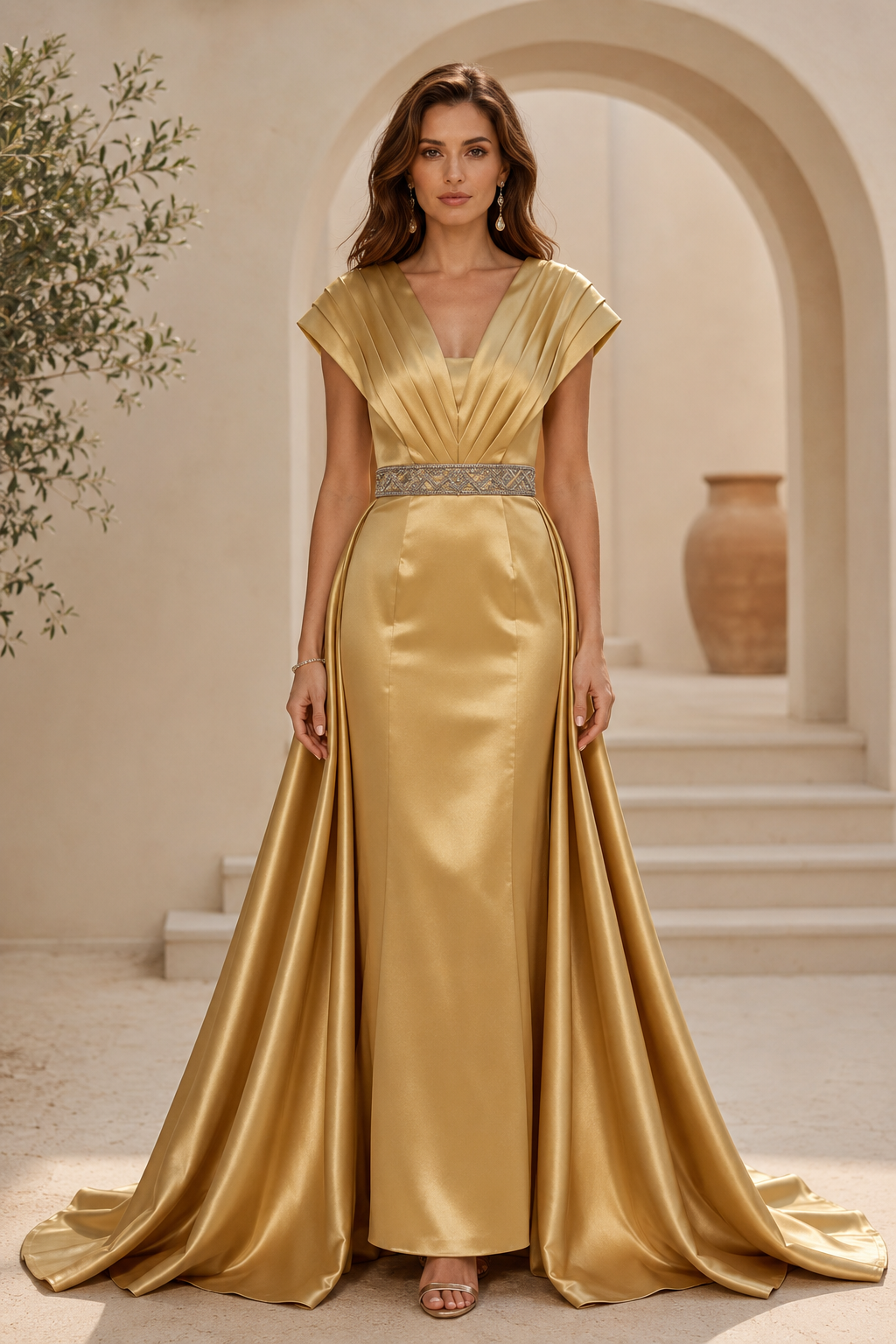 Pleated Satin Evening Gown with Beaded Belt