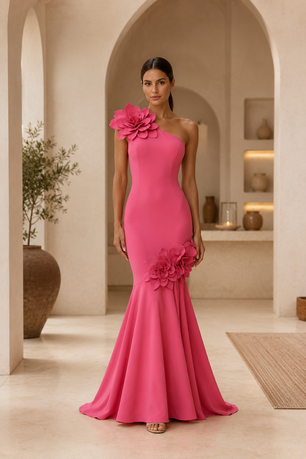 One-Shoulder Mermaid Gown with 3D Floral Appliques