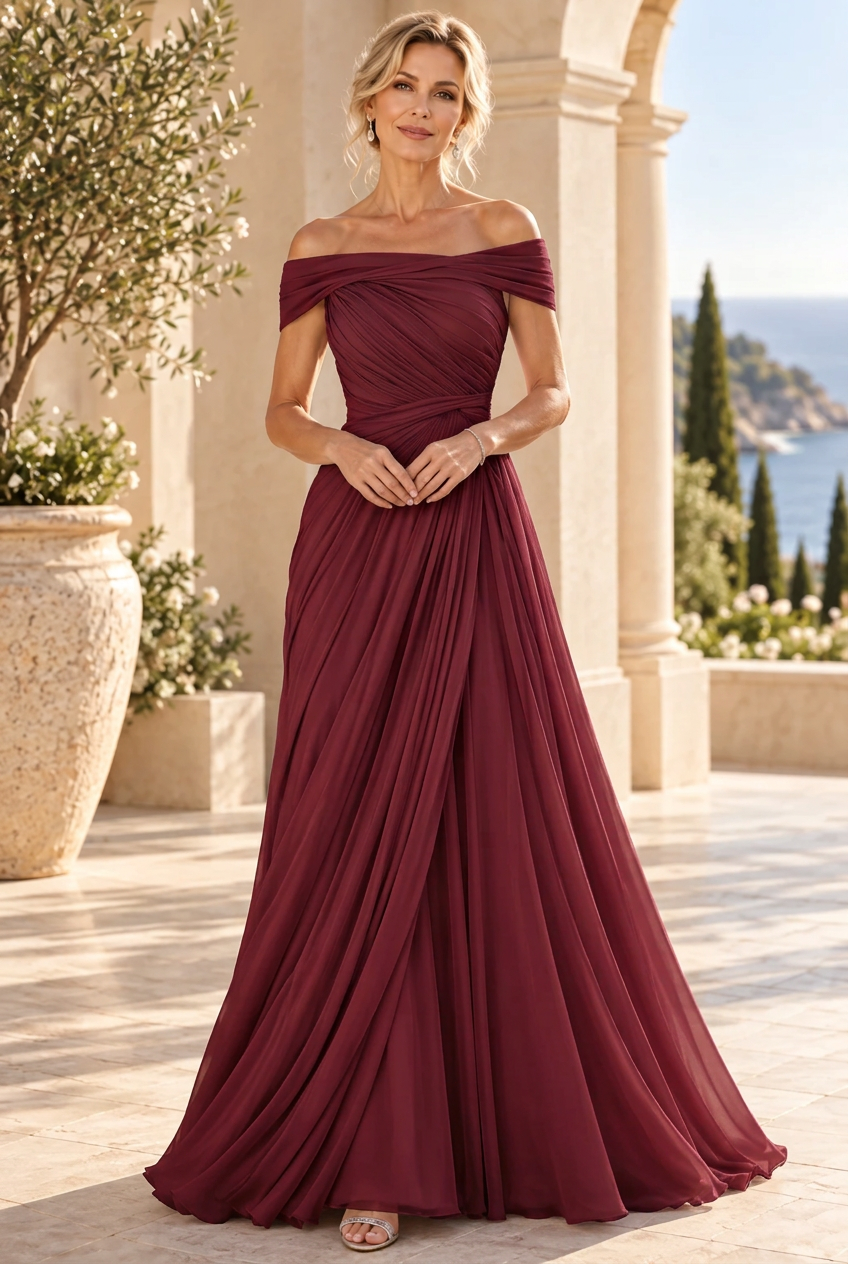 Off-the-Shoulder Pleated Chiffon A-Line Gown