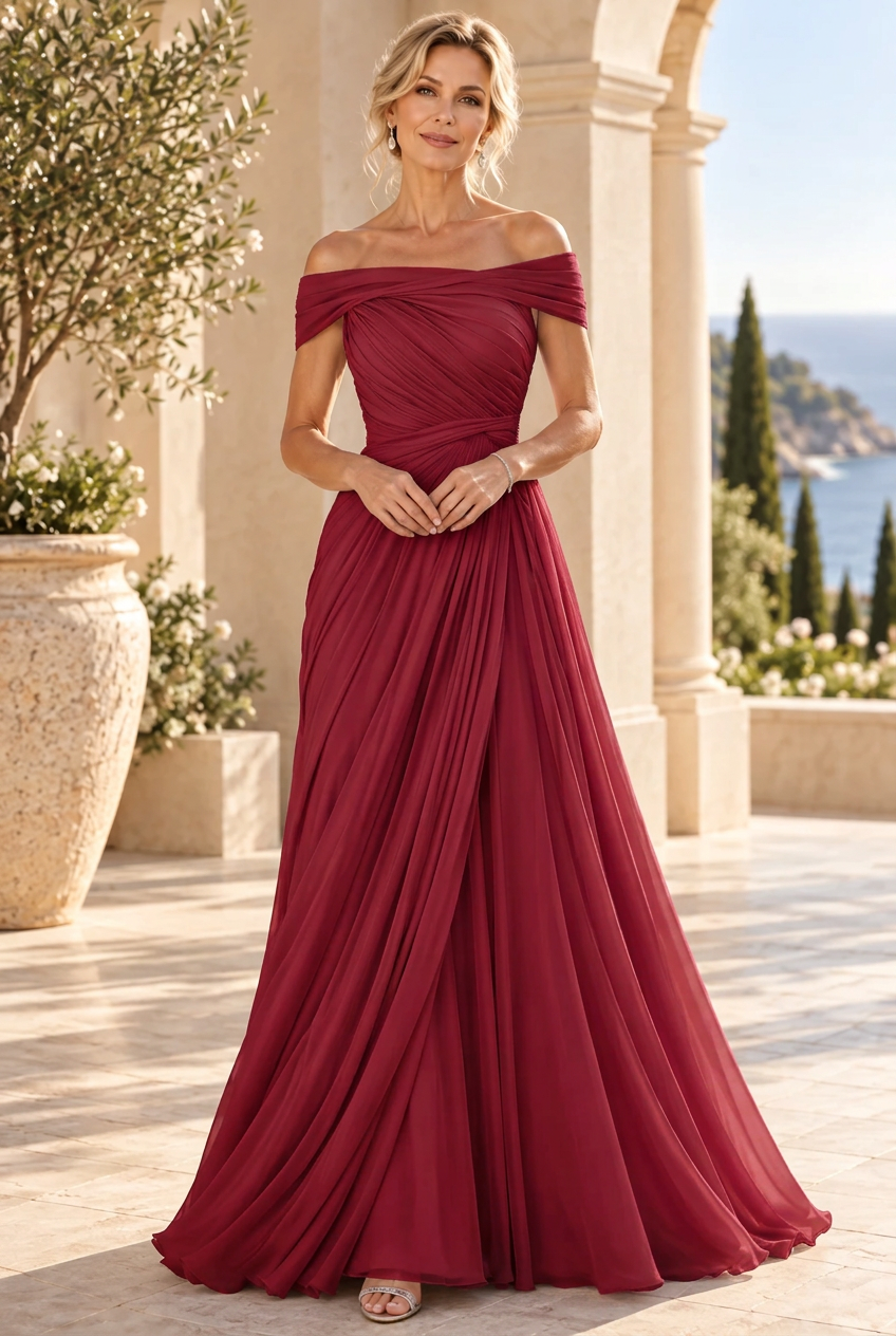 Off-the-Shoulder Pleated Chiffon A-Line Gown