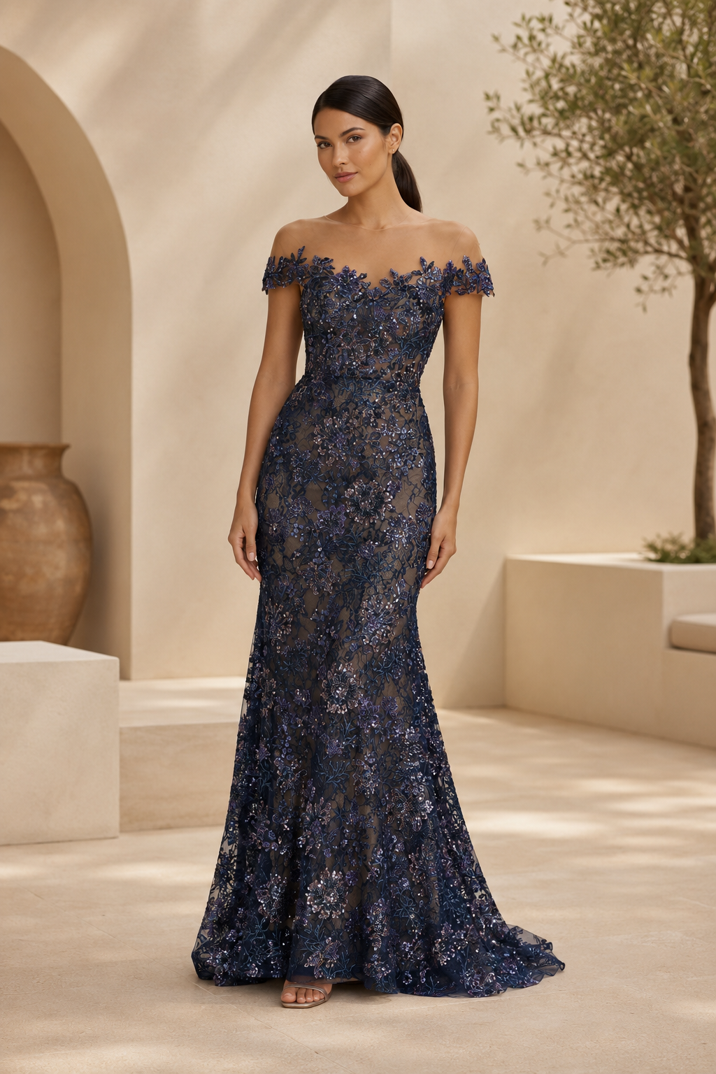 Off-Shoulder Floral Lace Mermaid Evening Gown