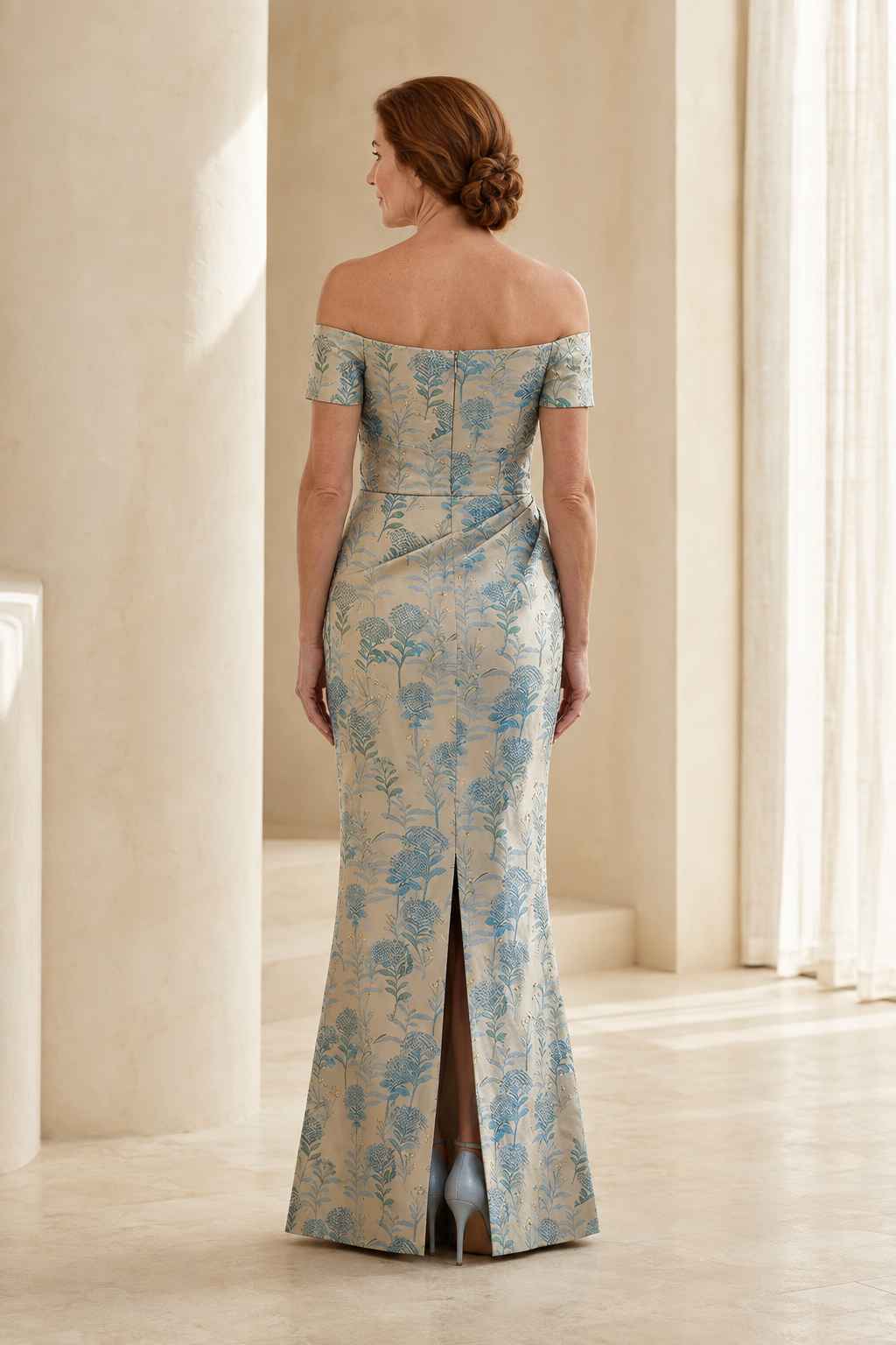 Off-the-Shoulder Floral Jacquard Gown with High Slit
