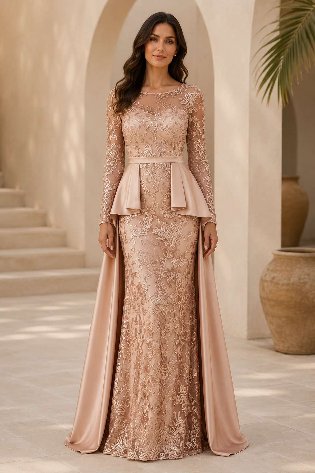 Illusion Lace Mermaid Gown with Satin Overskirt Train