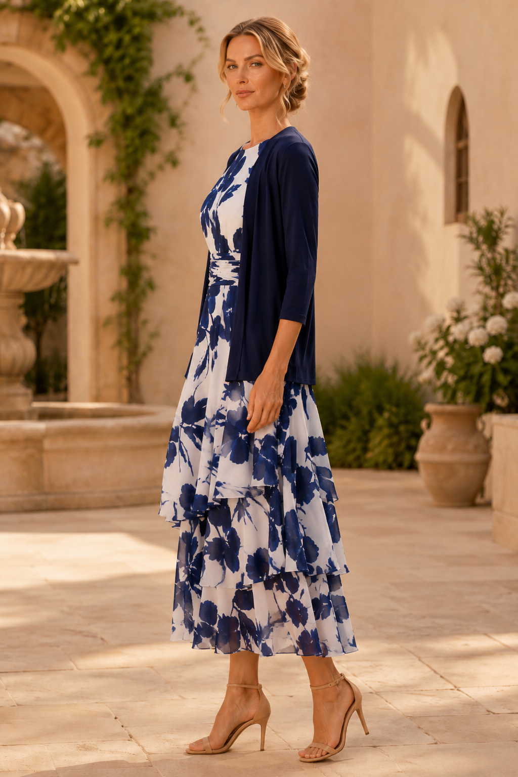 Floral Tiered Midi Dress with 3/4-Sleeve Jacket