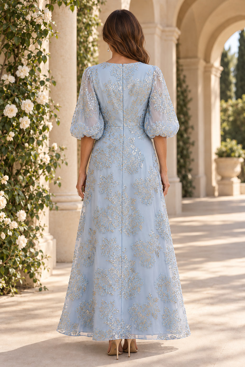 Metallic Floral A-Line Gown with Puff Sleeves