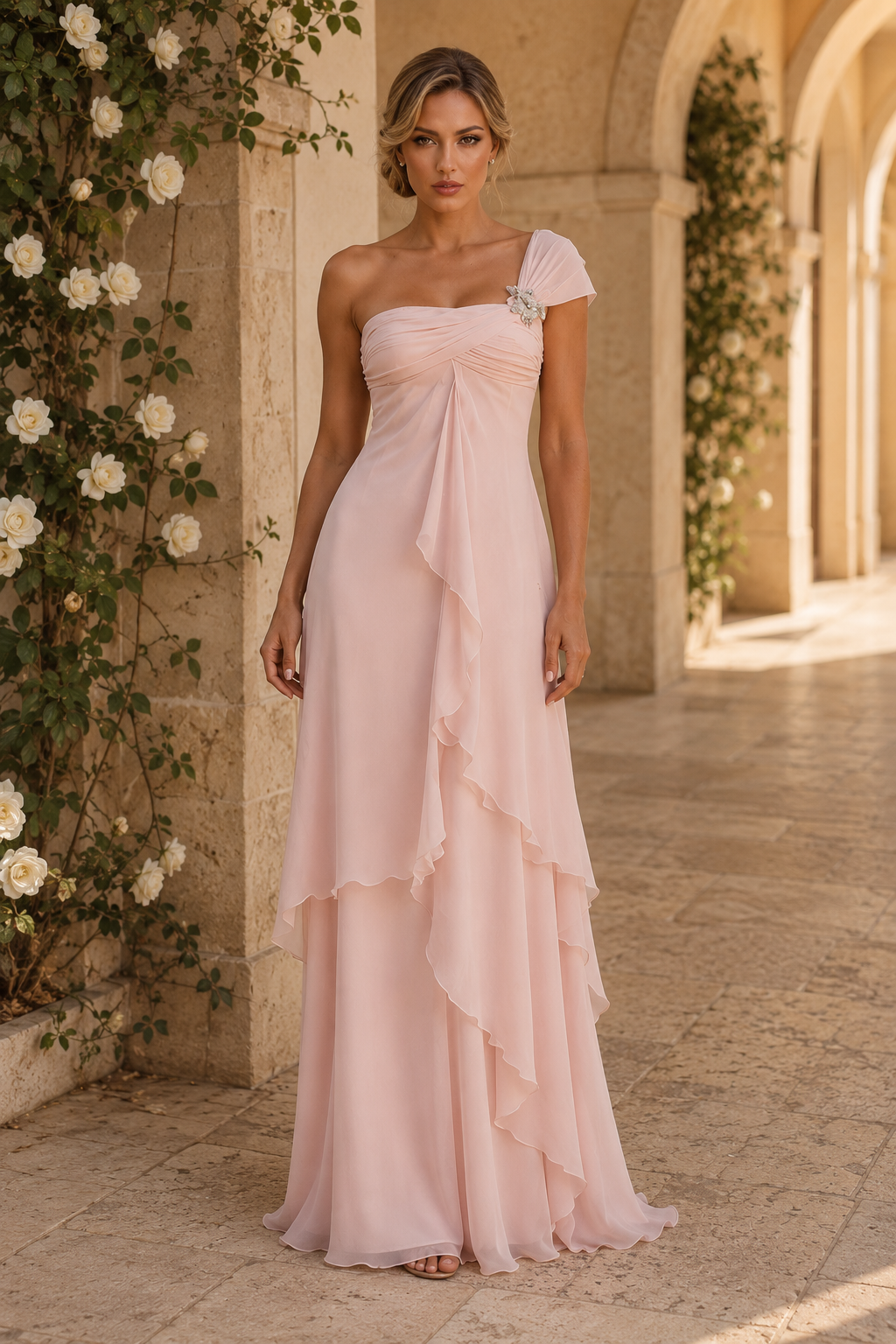 One-Shoulder Tiered Chiffon Gown