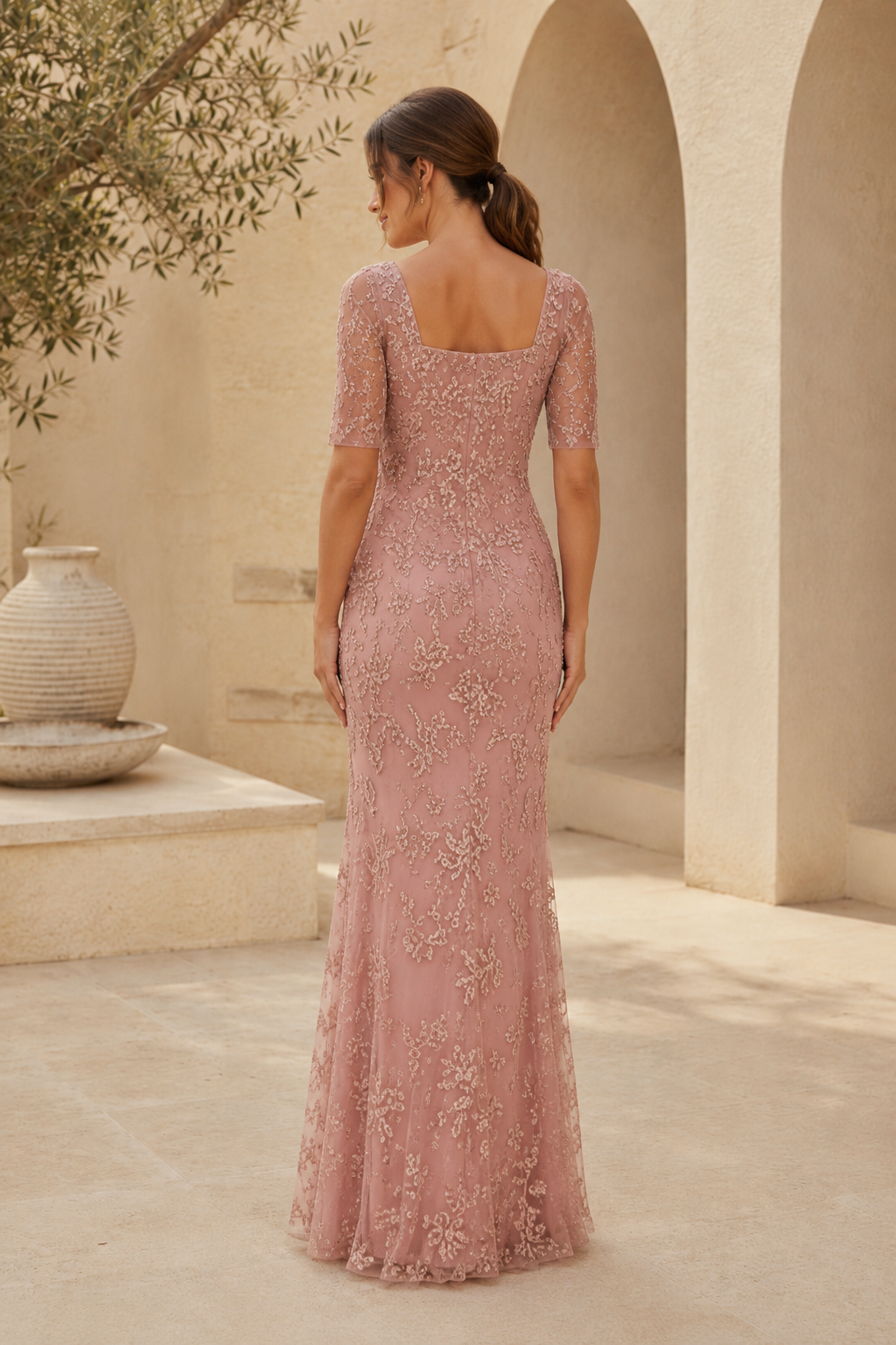 Square Neck Lace Evening Gown with Short Sleeves