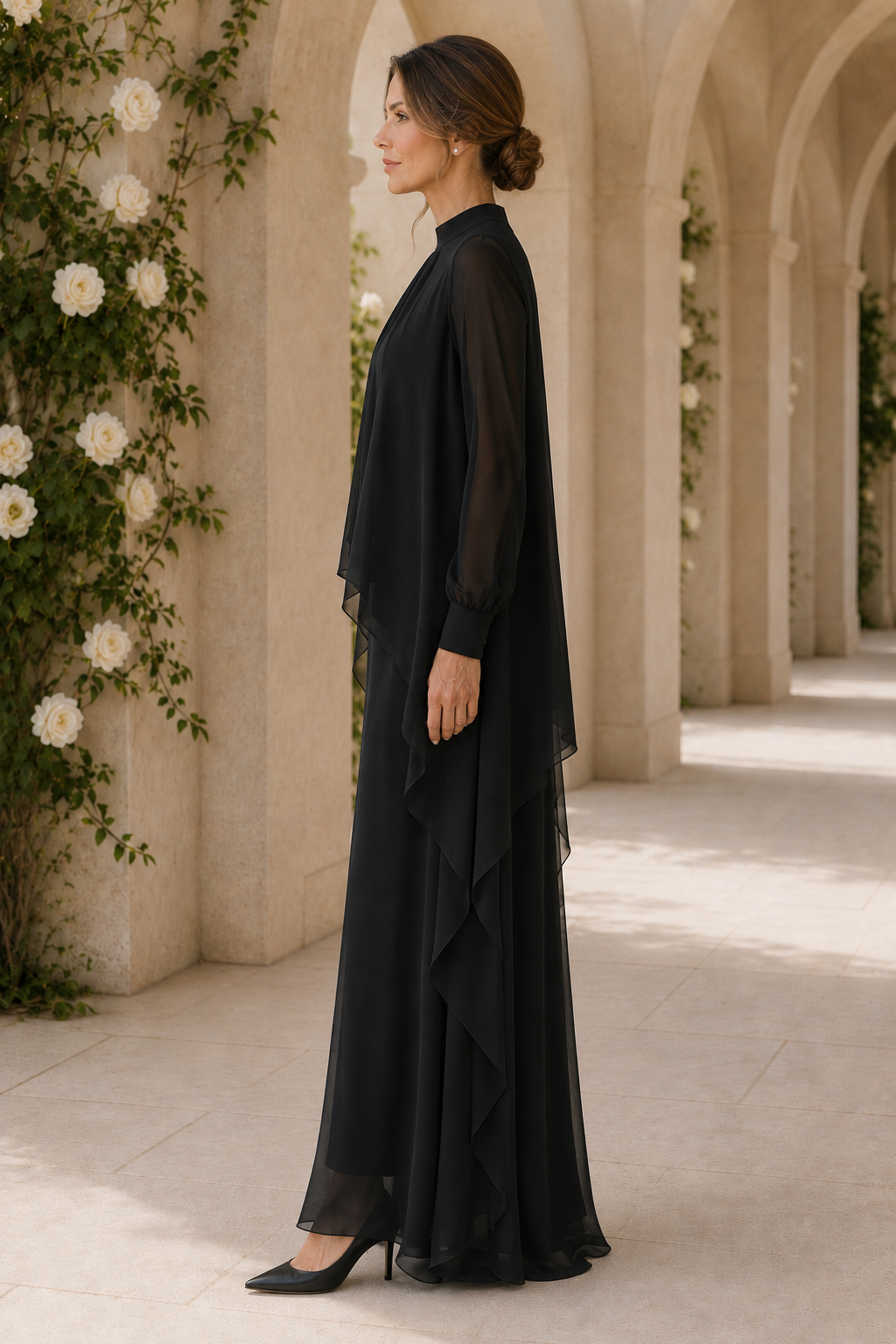 High-Neck Layered Chiffon Maxi Evening Gown