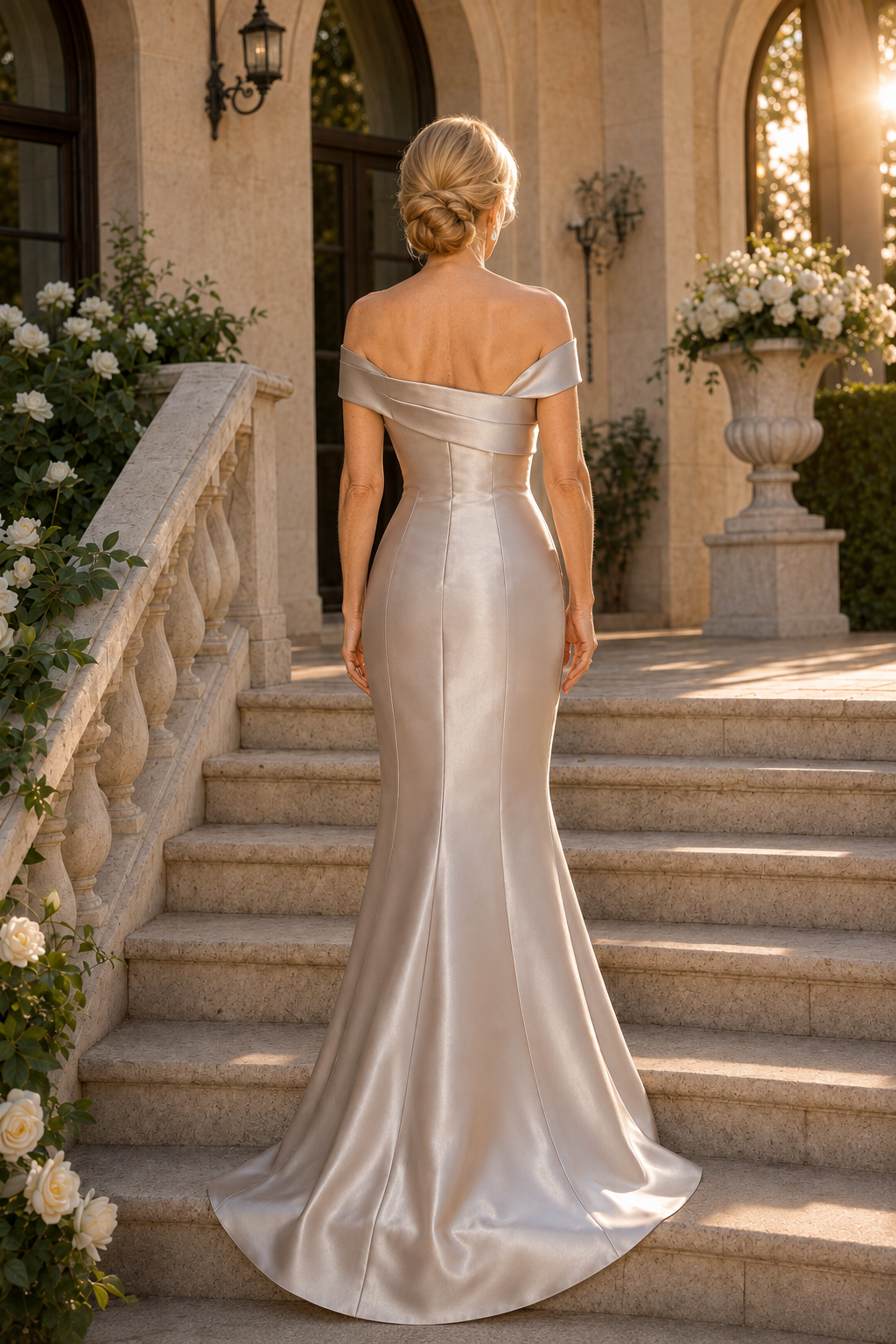 Off-the-Shoulder Satin Mermaid Gown with Slit
