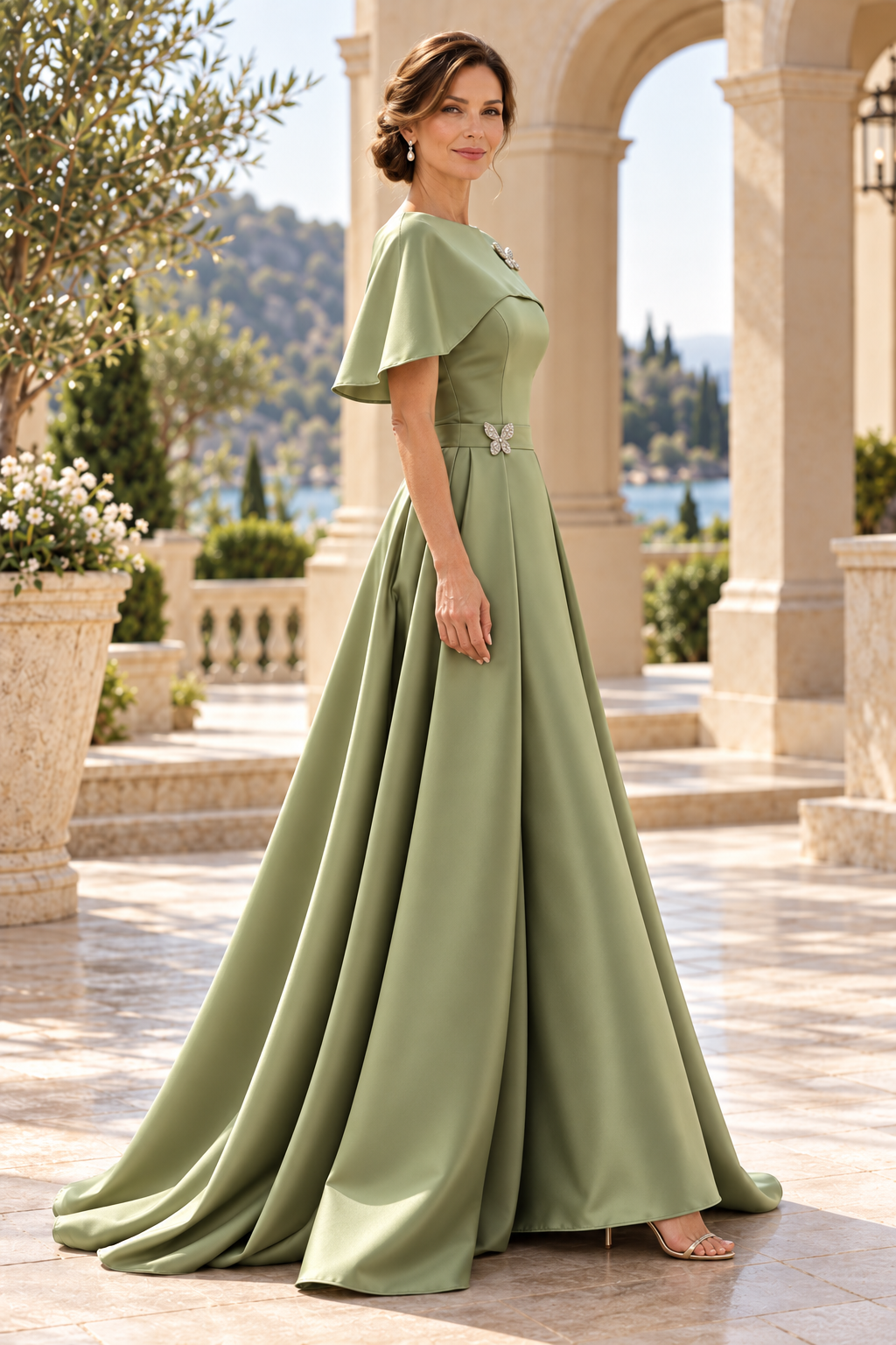 A-Line Satin Evening Gown with Capelet