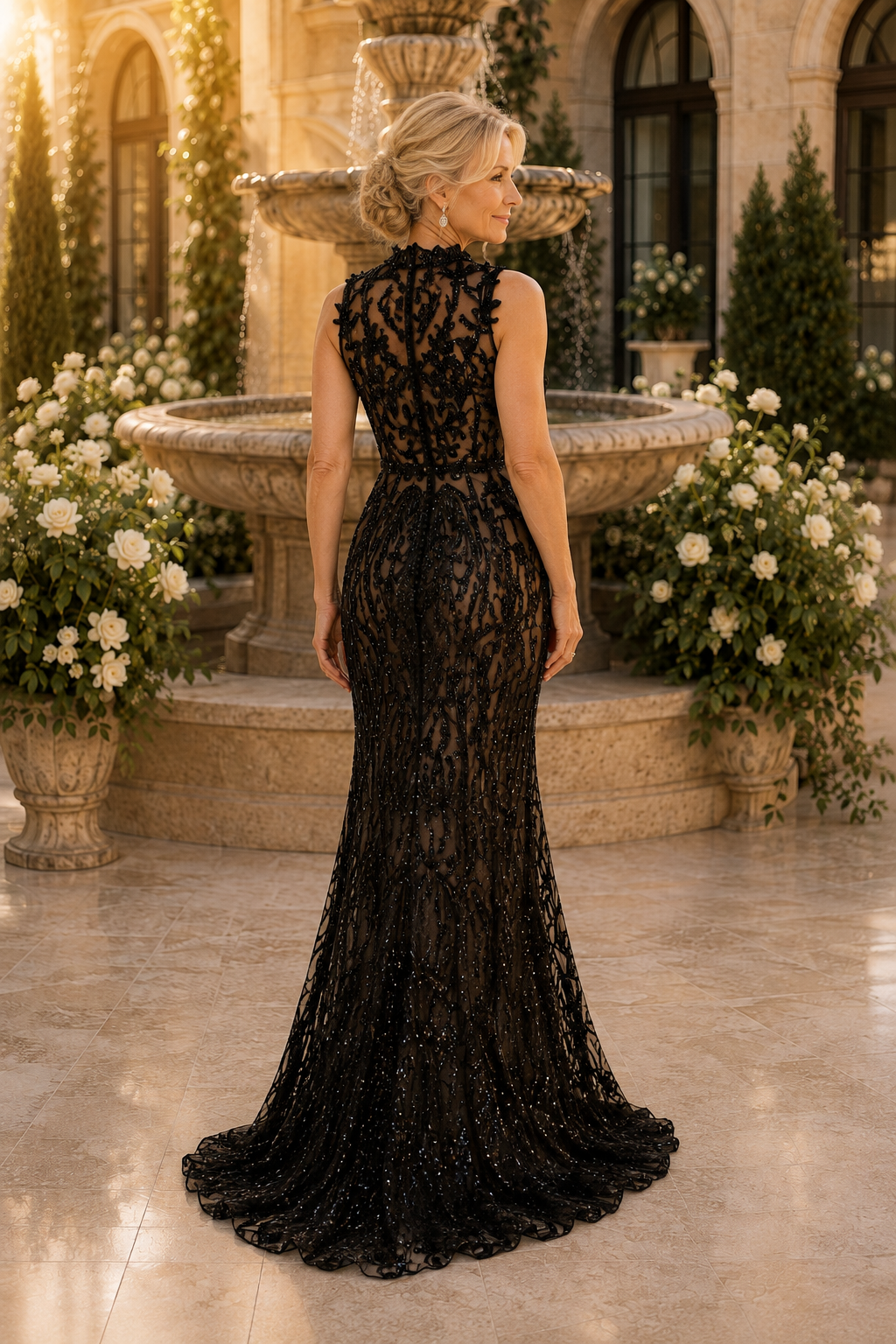 High-Neck Sequin Lace Mermaid Evening Dress