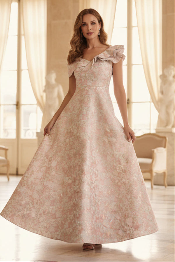 Asymmetrical Ruffled Jacquard A-Line Gown