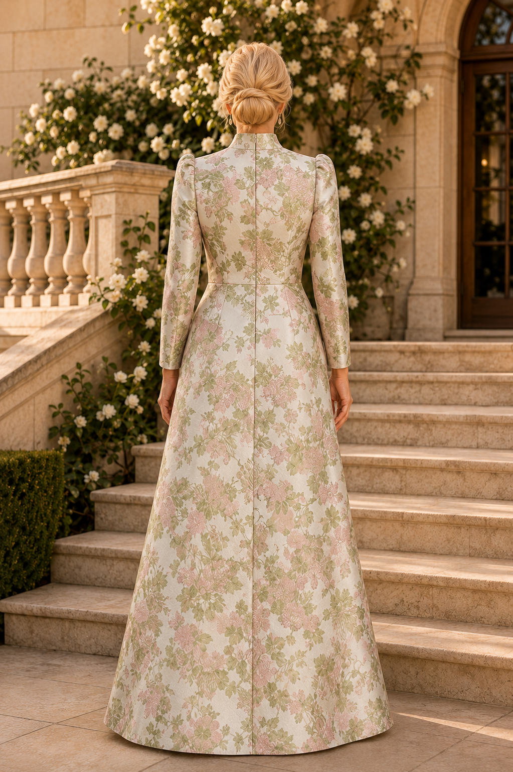 High-Neck Floral Jacquard Gown with Cascading Ruffles