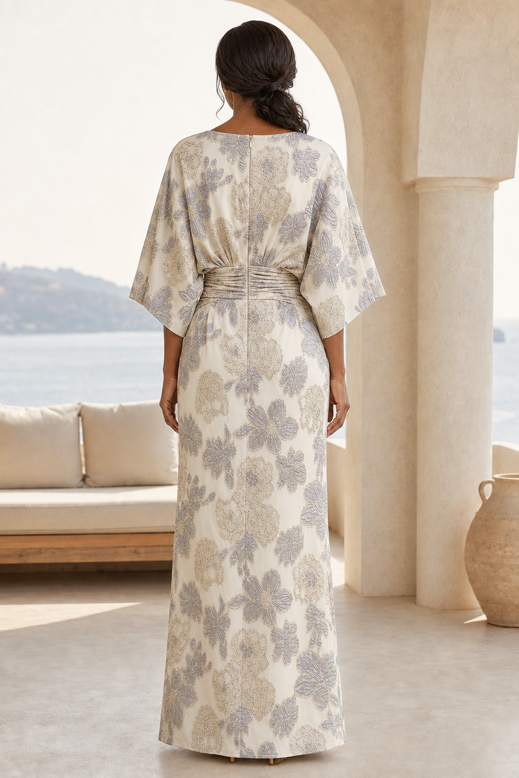 Floral Jacquard Sheath Gown with Bell Sleeves