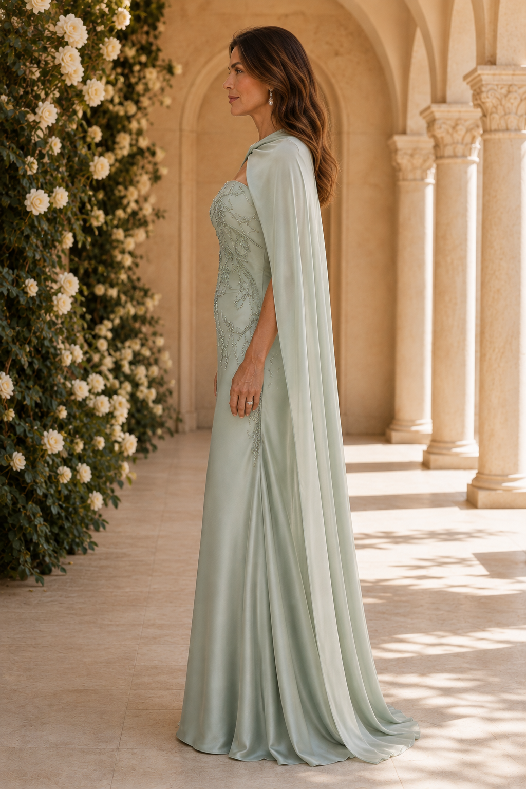 Embroidered Strapless Gown with Chiffon Cape