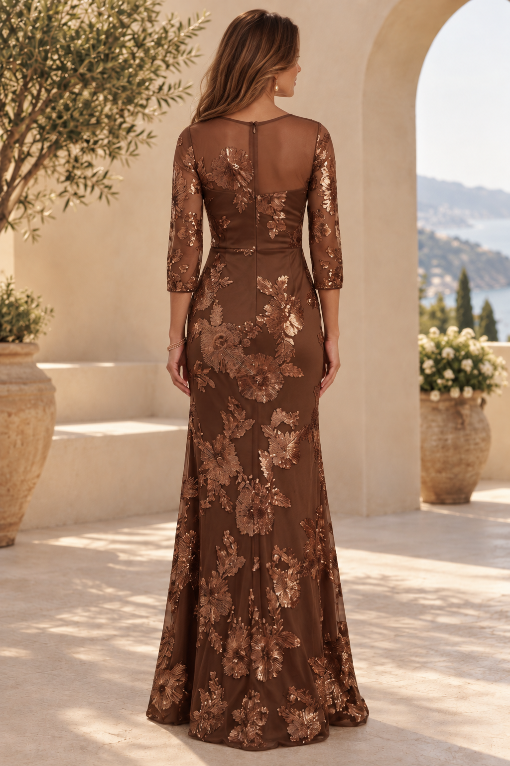 Floral Sequin Illusion 3/4 Sleeve Evening Gown
