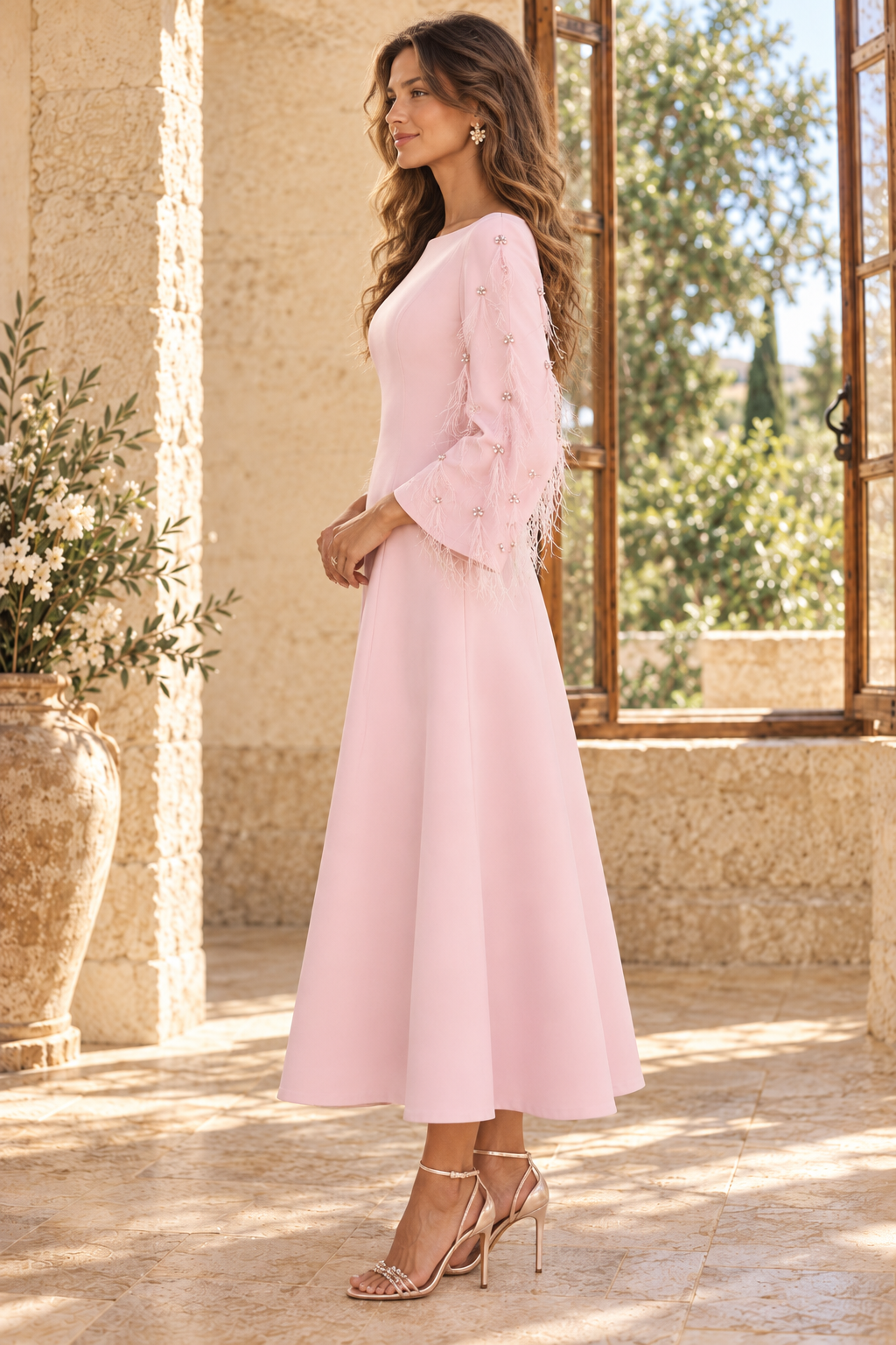 Feather Sleeve Bateau A-Line Midi Dress