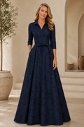 Collared V-Neck A-Line Gown with 3/4 Sleeves & Tie Belt