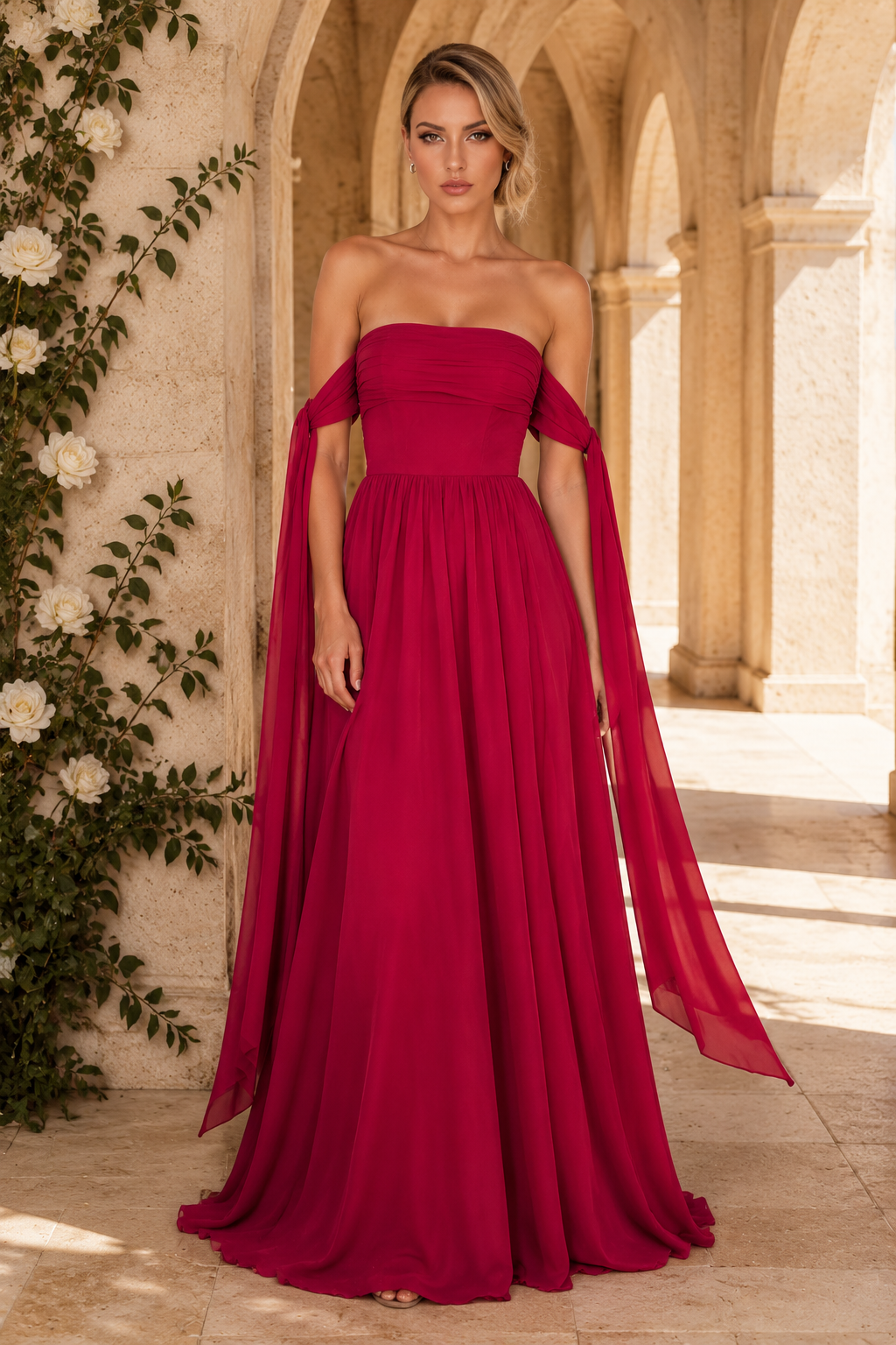 Trägerloses Chiffon-A-Linien-Kleid mit drapierten Armbändern