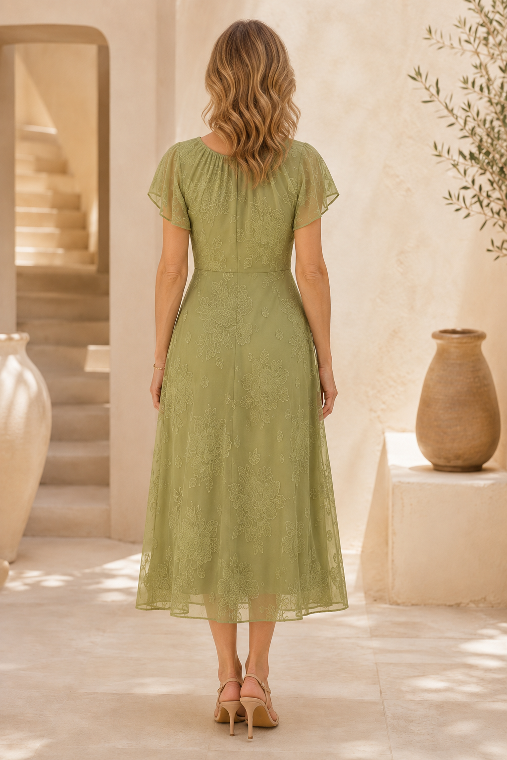 Flutter Sleeve Embroidered A-Line Midi Dress