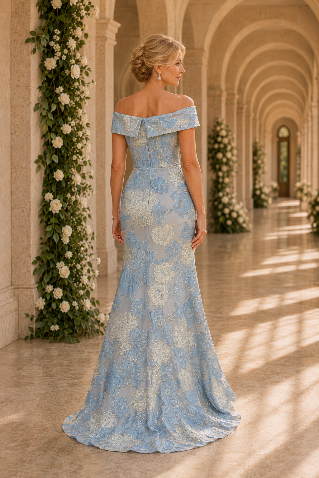 Off-the-Shoulder Floral High-Low Evening Dress