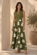 V-Neck Sleeveless Floral Print Maxi Dress