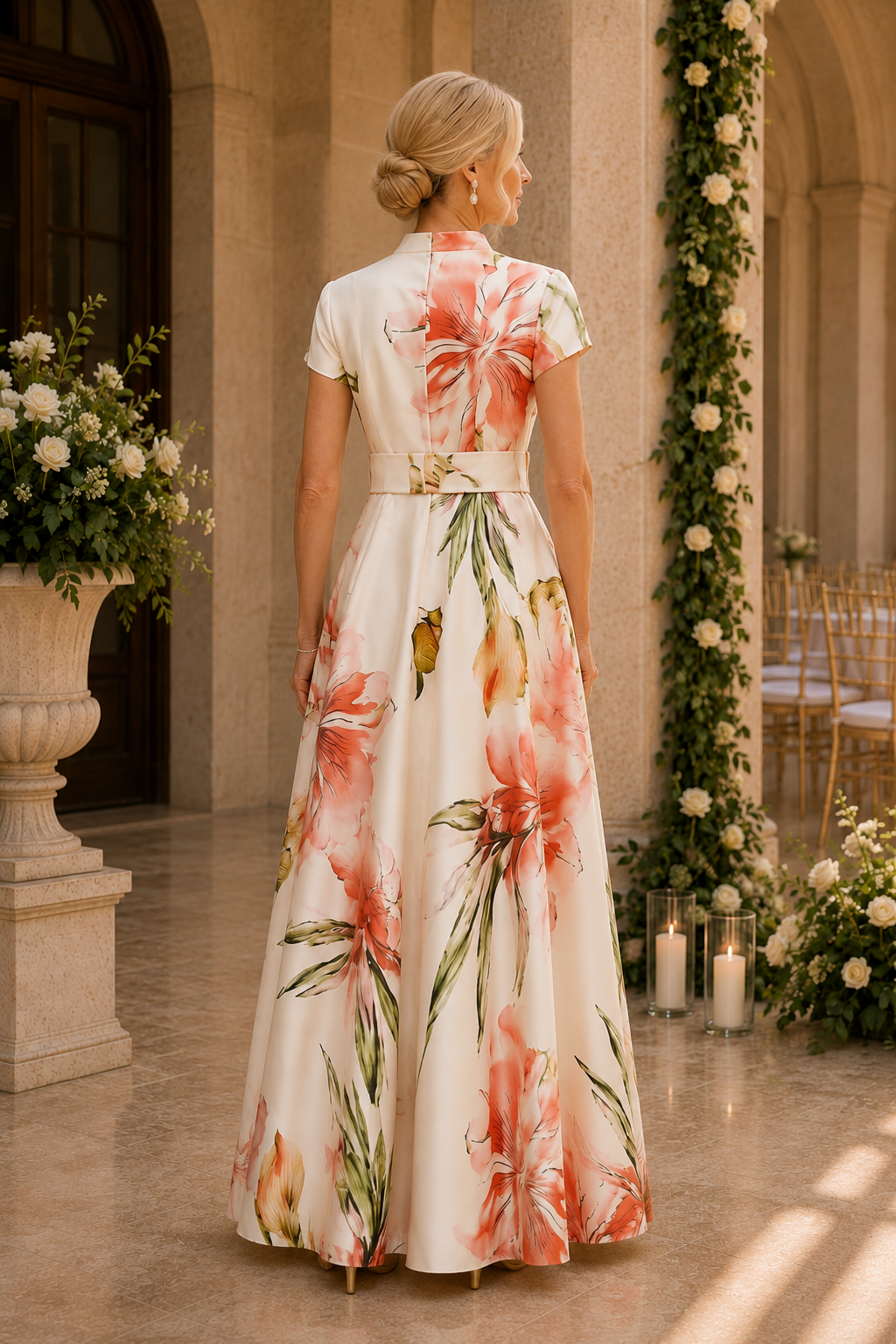 Floral Print Belted A-Line Maxi Dress with Sleeves