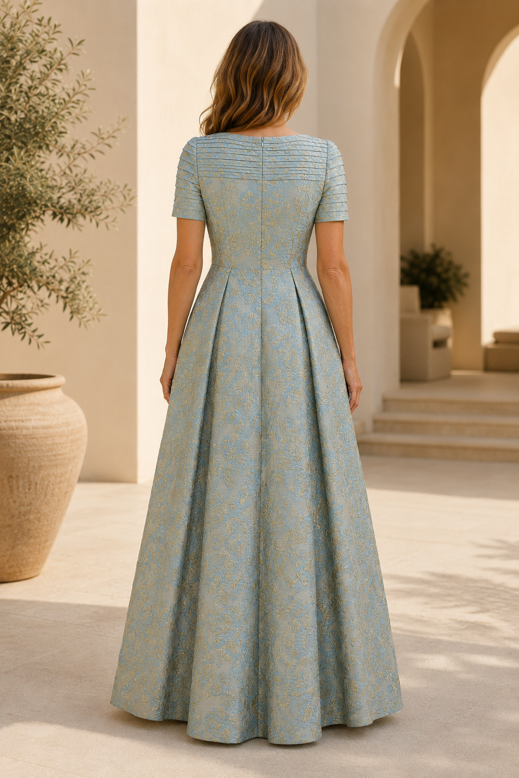 Pleated Bateau Neck Jacquard A-Line Evening Gown