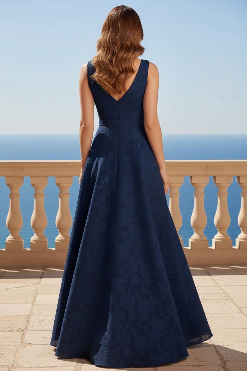 V-Neck Sleeveless Jacquard A-Line Evening Gown