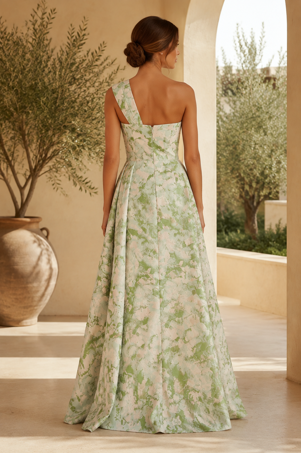 One-Shoulder Floral Print A-Line Evening Gown