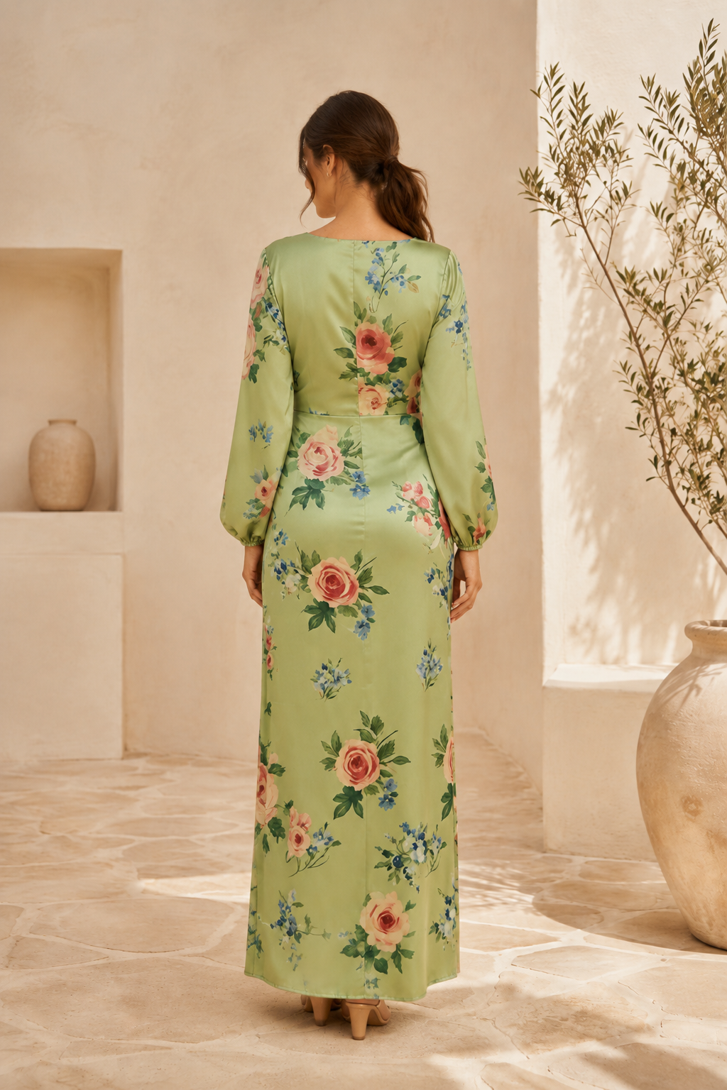 Floral Satin Long Sleeve Maxi Dress with Slit
