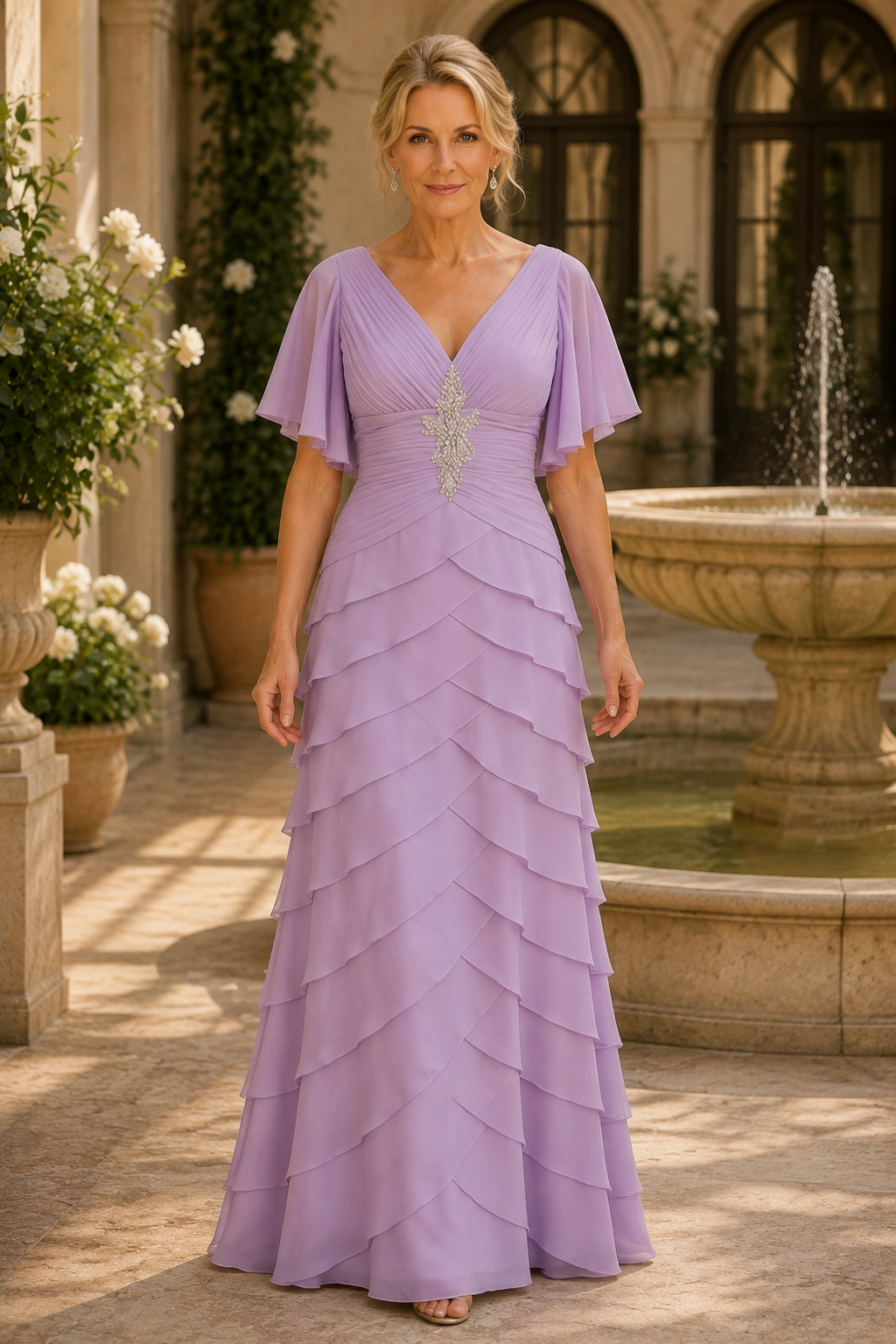 Tiered Chiffon Gown with Flutter Sleeves