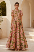 Floral Jacquard A-Line Gown with Puff Sleeves