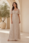 Lace Flutter Sleeve Empire Waist Evening Gown