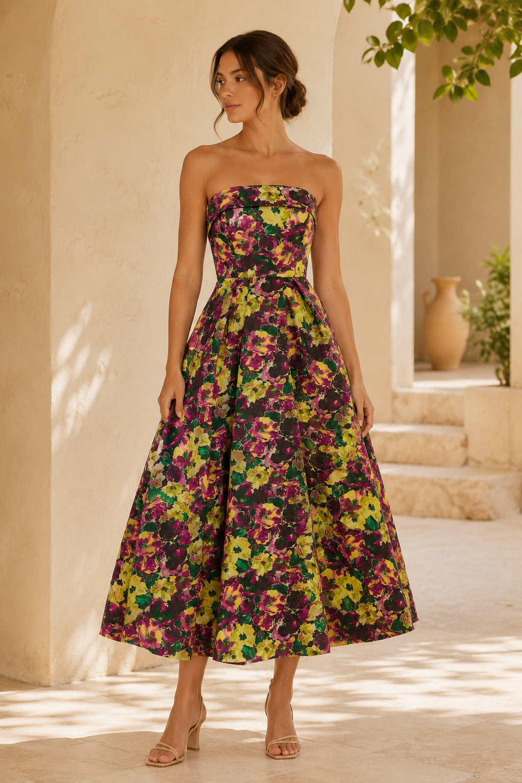 Strapless Floral Jacquard Tea-Length A-Line Dress