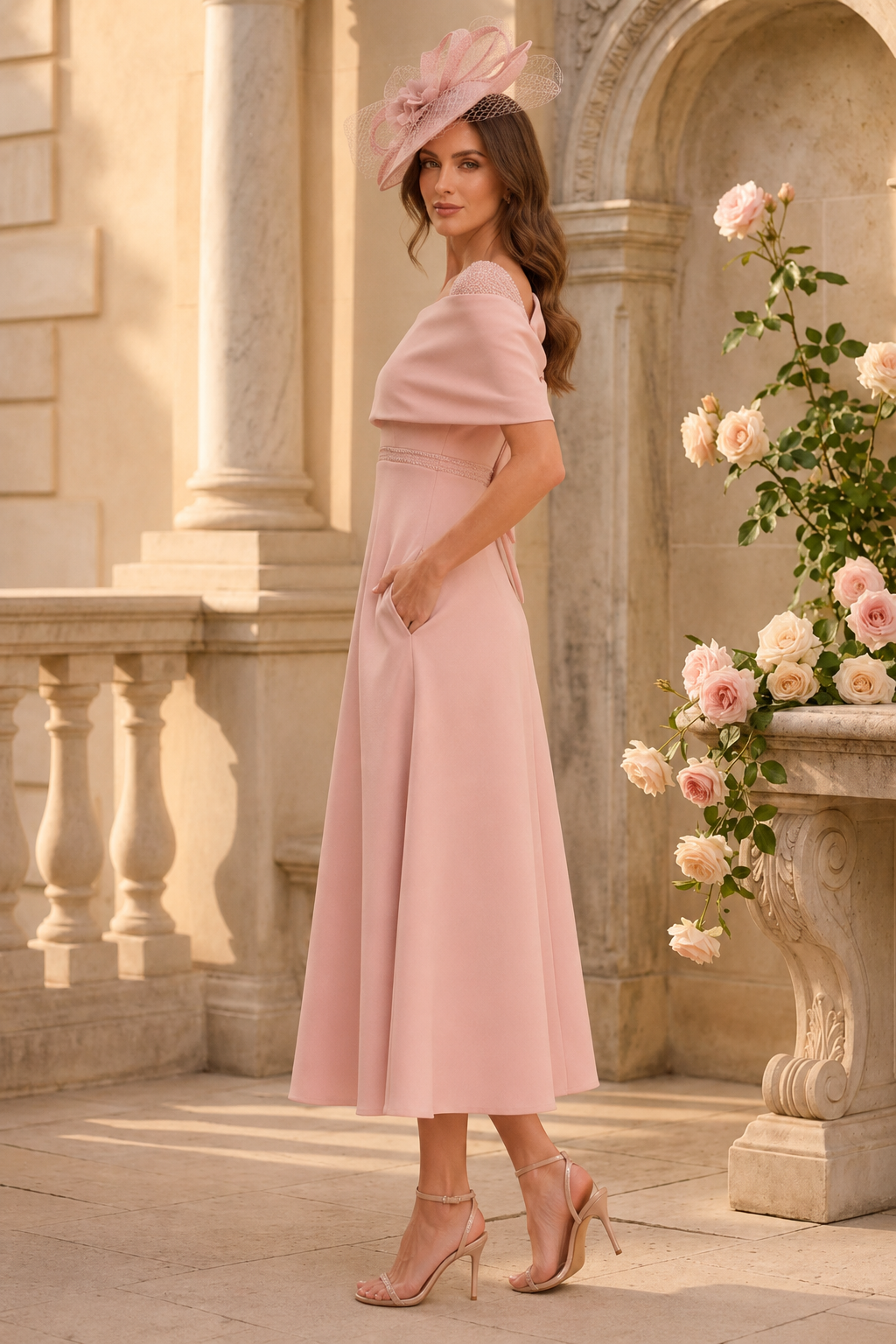 Off-the-Shoulder Midi Dress with Bow-Tie Back Detail