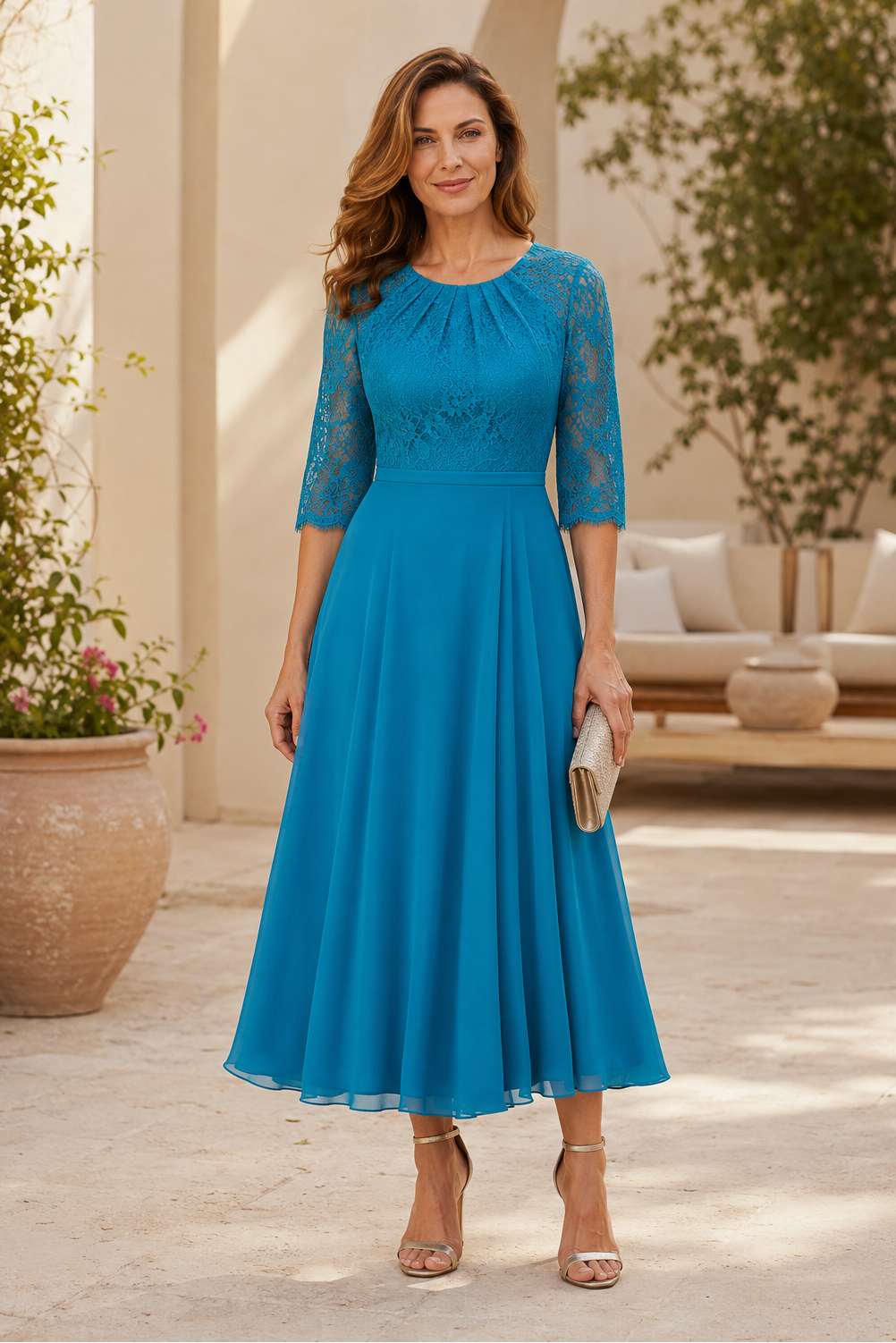 A-Line Lace and Chiffon Midi Dress