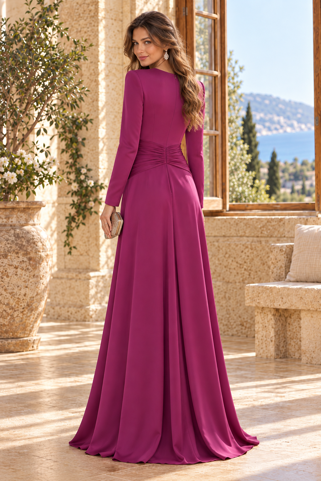 Long-Sleeve A-Line Gown with Twisted Waist