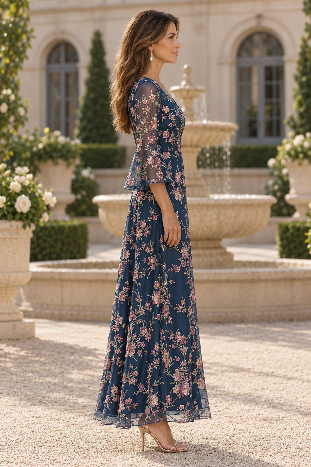 Floral Embroidered V-Neck Bell Sleeve Maxi Dress