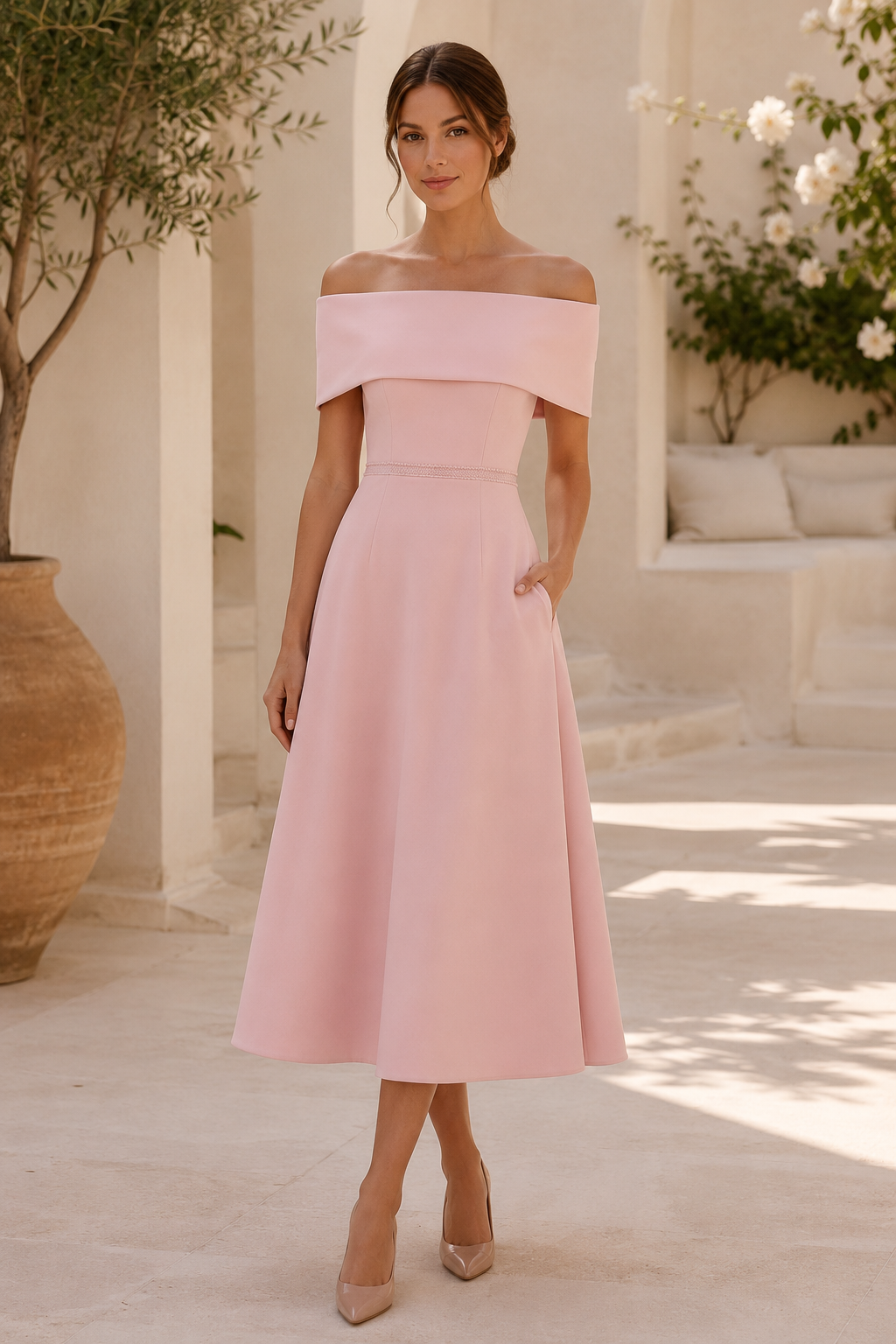 Off-the-Shoulder Bow Back Midi Dress with Pockets