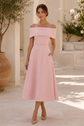 Off-the-Shoulder Bow Back Midi Dress with Pockets