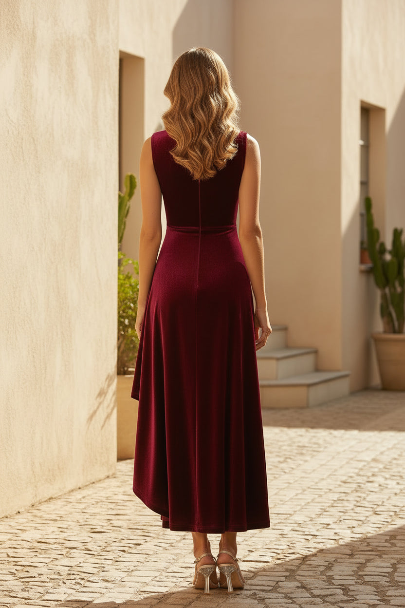 Velvet V-Neck Ruched High-Slit Dress