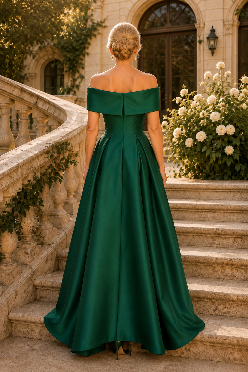 Off-the-Shoulder Pleated Satin A-Line Evening Gown