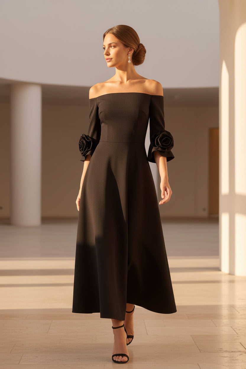 Off Shoulder Midi Dress with Rose Cuff Sleeves