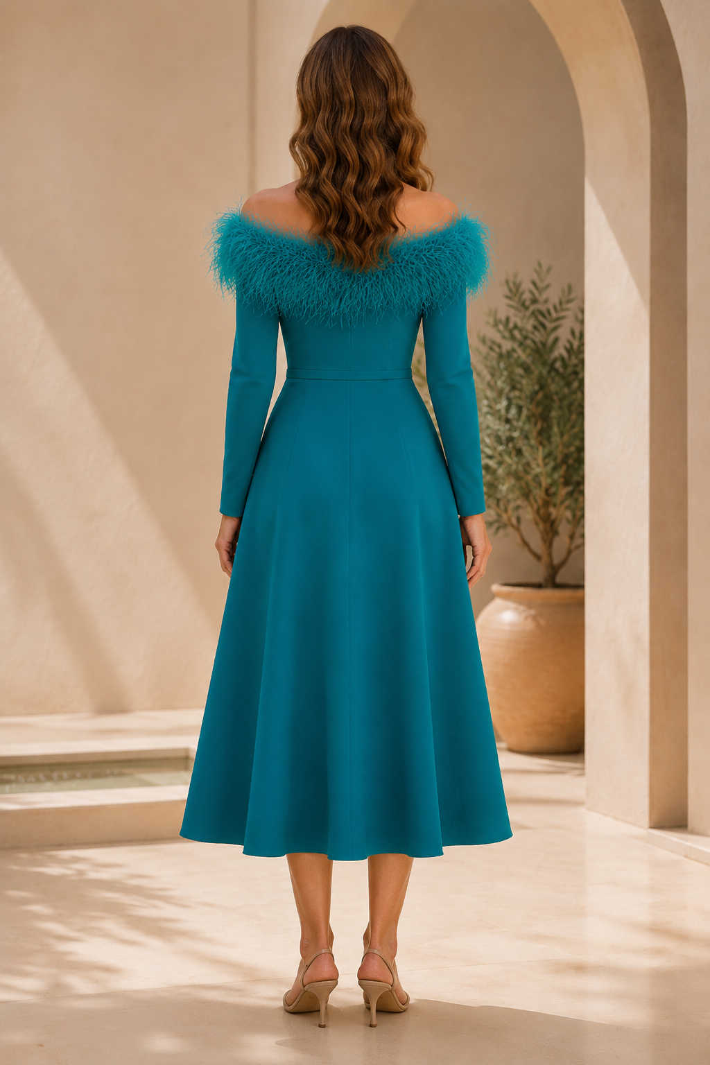 Feather Off-the-Shoulder Long Sleeve Midi Dress