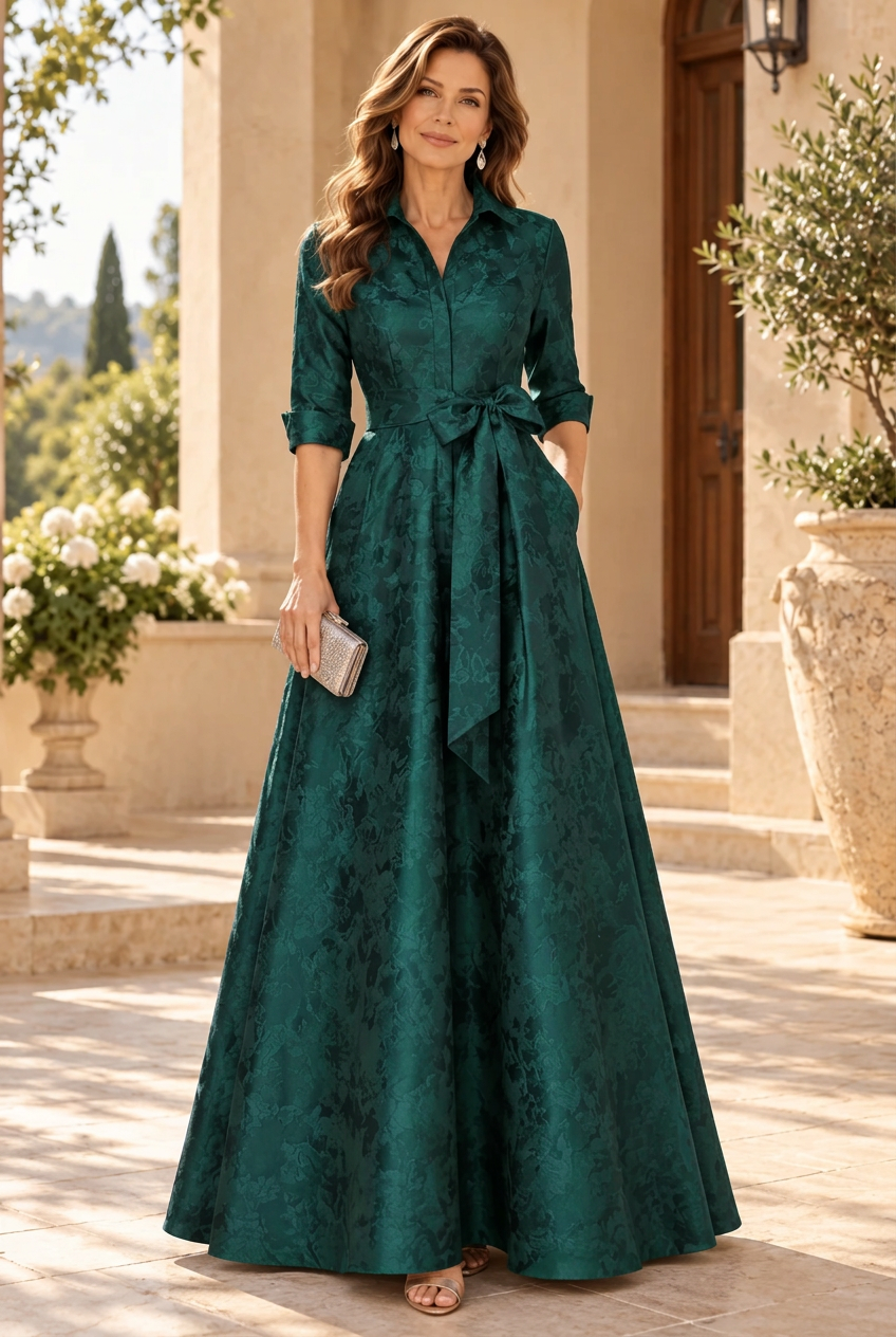 Collared Jacquard A-Line Gown with Sash Belt