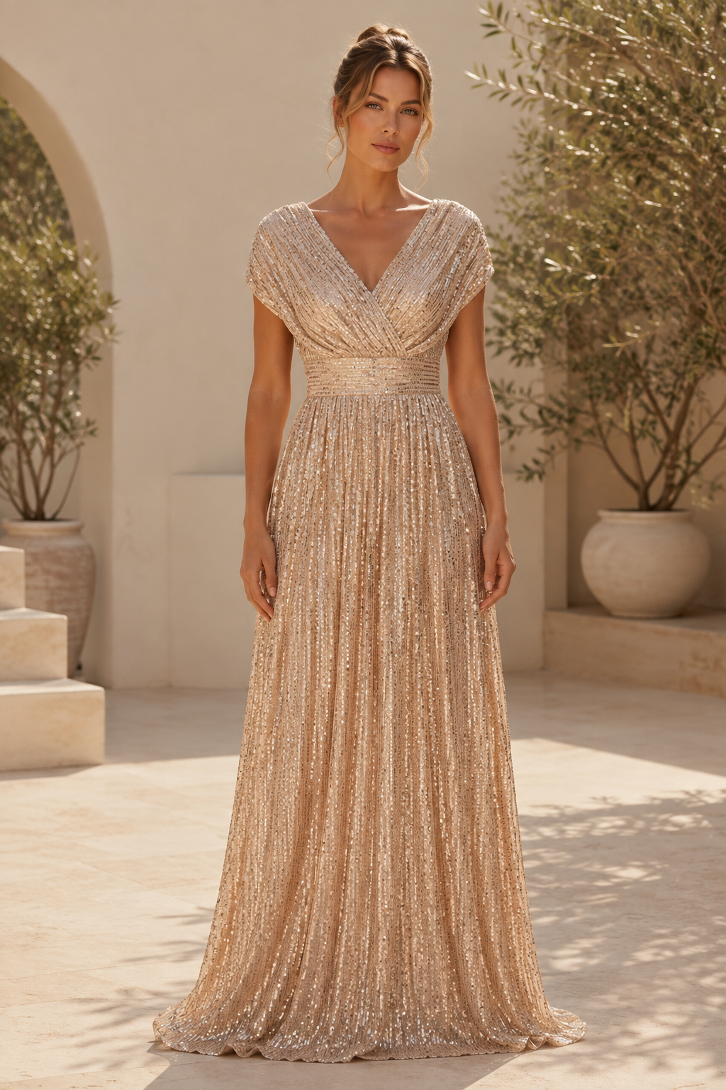 Sequin V-Neck A-Line Gown with Cap Sleeves