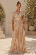 Sequin V-Neck A-Line Gown with Cap Sleeves